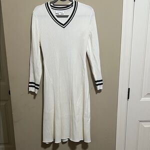Lucky Brand White Ribbed V-Neck Sweater Dress with Black Stripe Trim